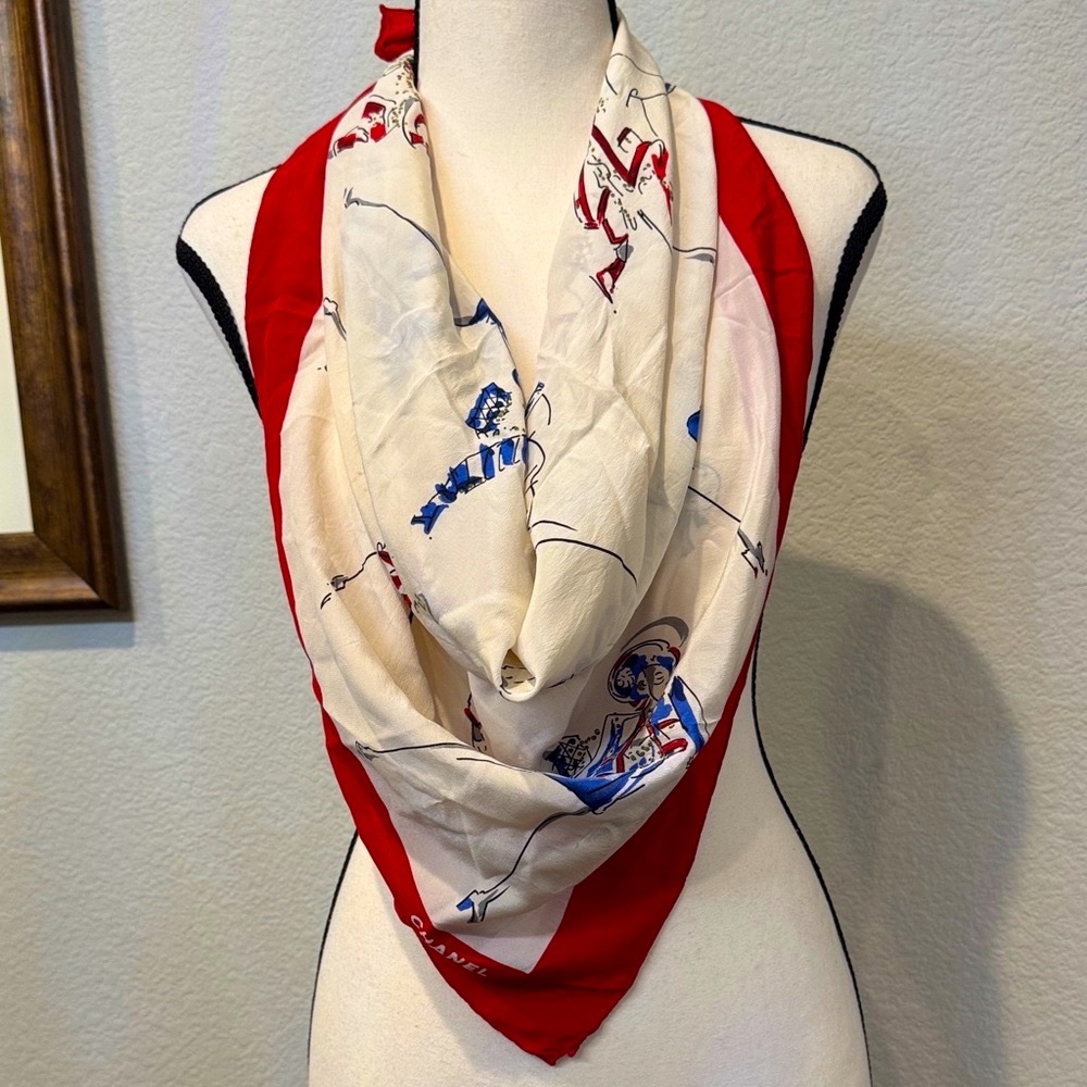 Authentic CHANEL Coco Chanel Red and Cream Scarf